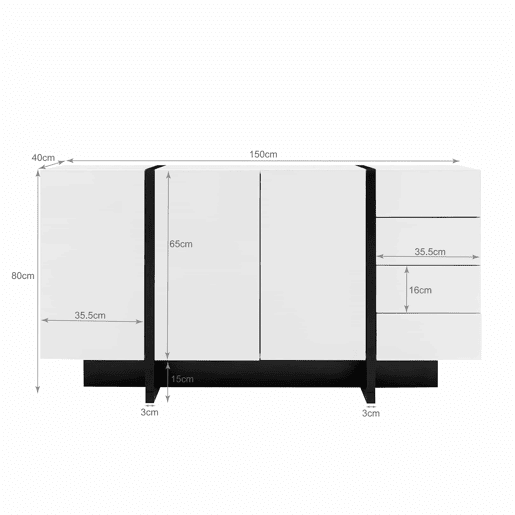 Aparador branco de alto brilho - 2 portas, 4 gavetas, design moderno e simples - Branco+Preto