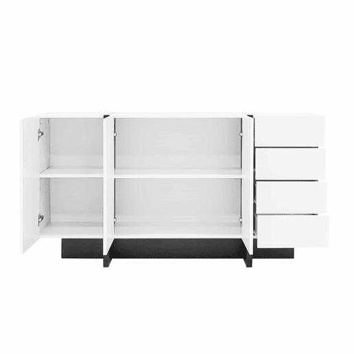 Aparador branco de alto brilho - 2 portas, 4 gavetas, design moderno e simples - Branco+Preto
