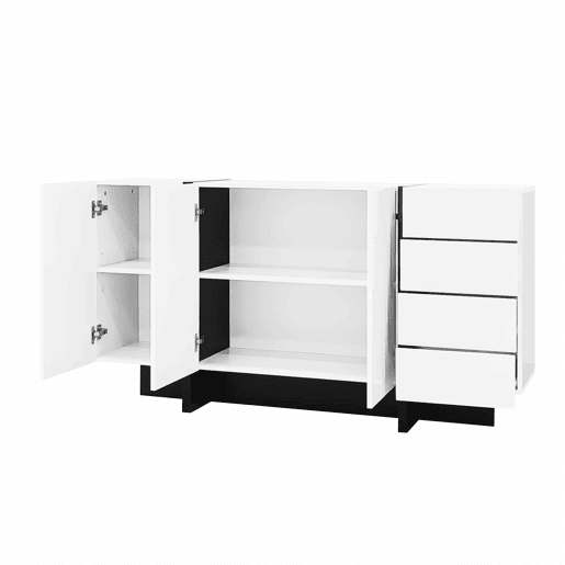 Aparador branco de alto brilho - 2 portas, 4 gavetas, design moderno e simples - Branco+Preto