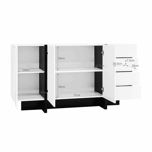Aparador branco de alto brilho - 2 portas, 4 gavetas, design moderno e simples - Branco+Preto