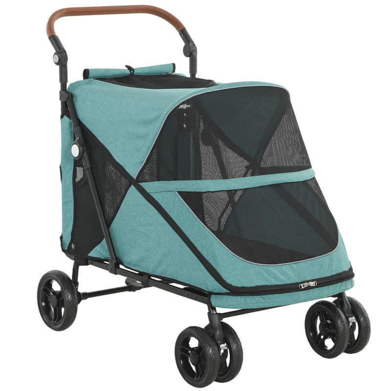 Pawhut carrito para perros y gatos grande plegable con un botón hasta 30 kg, cochecito para perros medianos y grandes, suspensión 4 ruedas, giratorio,
