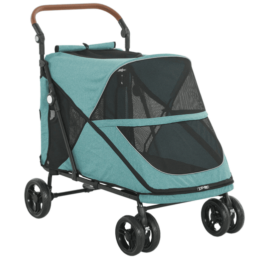 PawHut Carrinho Dobrável para Cães e Gatos de Grande Porte até 30 kg, Suspensão nas 4 Rodas, Rotativo, Travão de Pé, Almofada Amovível e Lavável, Turquesa - Para Cães Médios e Grandes