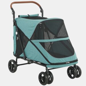 PawHut Carrinho Dobrável para Cães e Gatos de Grande Porte até 30 kg, Suspensão nas 4 Rodas, Rotativo, Travão de Pé, Almofada Amovível e Lavável, Turquesa - Para Cães Médios e Grandes