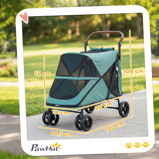 PawHut Carrinho Dobrável para Cães e Gatos de Grande Porte até 30 kg, Suspensão nas 4 Rodas, Rotativo, Travão de Pé, Almofada Amovível e Lavável, Turquesa - Para Cães Médios e Grandes