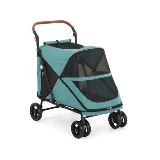 PawHut Carrinho Dobrável para Cães e Gatos de Grande Porte até 30 kg, Suspensão nas 4 Rodas, Rotativo, Travão de Pé, Almofada Amovível e Lavável, Turquesa - Para Cães Médios e Grandes