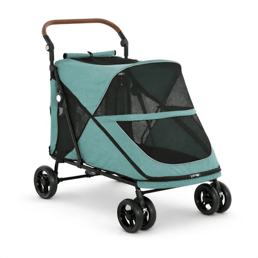 PawHut Carrinho Dobrável para Cães e Gatos de Grande Porte até 30 kg, Suspensão nas 4 Rodas, Rotativo, Travão de Pé, Almofada Amovível e Lavável, Turquesa - Para Cães Médios e Grandes
