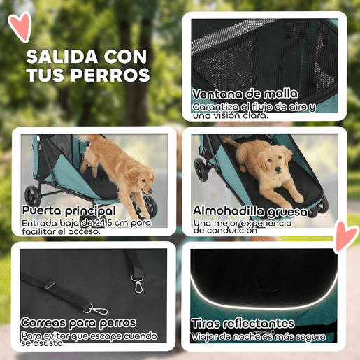 PawHut Carrinho Dobrável para Cães e Gatos de Grande Porte até 30 kg, Suspensão nas 4 Rodas, Rotativo, Travão de Pé, Almofada Amovível e Lavável, Turquesa - Para Cães Médios e Grandes