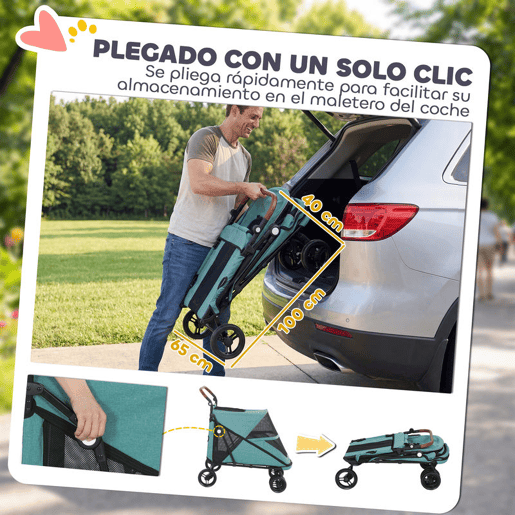 PawHut Carrinho Dobrável para Cães e Gatos de Grande Porte até 30 kg, Suspensão nas 4 Rodas, Rotativo, Travão de Pé, Almofada Amovível e Lavável, Turquesa - Para Cães Médios e Grandes