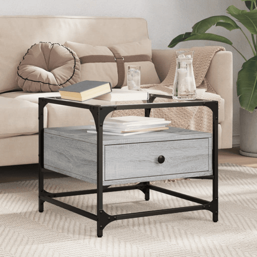 Mesa de Centro, Mesa baixa c topo de vidro 50x50x45 cm cinza sonoma aço