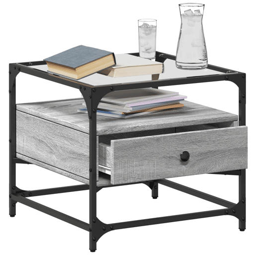 Mesa de Centro, Mesa baixa c topo de vidro 50x50x45 cm cinza sonoma aço