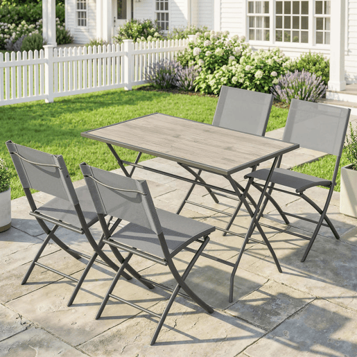Outsunny Conjunto de Mesa e Cadeiras de Jardim de 5 Peças Móveis de Jardim com 4 Cadeiras Dobráveis e Mesa Dobrável para Terraço Pátio, Cinzento