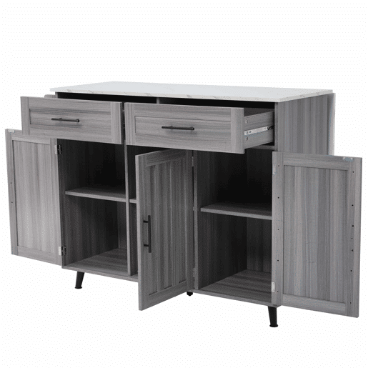 Aparador com mesa de consola rebatível e 2 gavetas - rodízios ou pés de madeira maciça - Cinzento