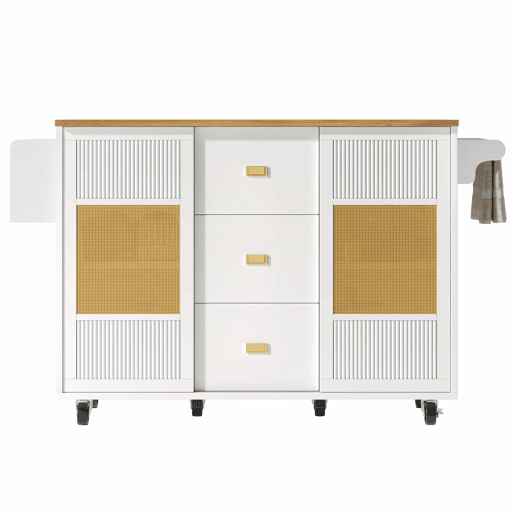 Ilha de cozinha 120x73x90 cm - Carrinho de cozinha com rodas, prateleira para especiarias, suporte para toalhas, prateleiras ajustáveis - Branco