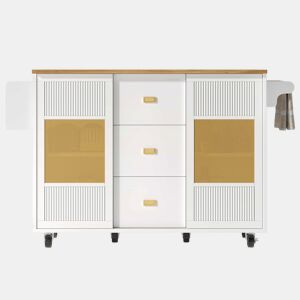 Ilha de cozinha 120x73x90 cm - Carrinho de cozinha com rodas, prateleira para especiarias, suporte para toalhas, prateleiras ajustáveis - Branco