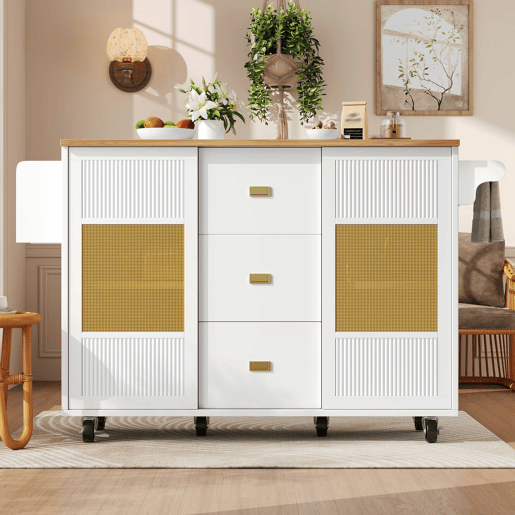 Ilha de cozinha 120x73x90 cm - Carrinho de cozinha com rodas, prateleira para especiarias, suporte para toalhas, prateleiras ajustáveis - Branco