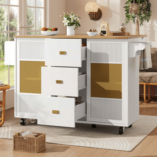 Ilha de cozinha 120x73x90 cm - Carrinho de cozinha com rodas, prateleira para especiarias, suporte para toalhas, prateleiras ajustáveis - Branco
