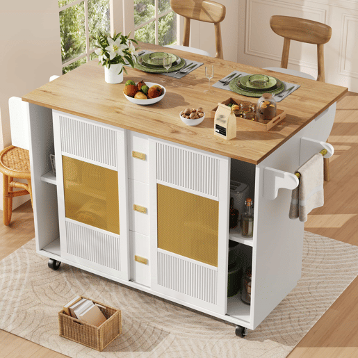 Ilha de cozinha 120x73x90 cm - Carrinho de cozinha com rodas, prateleira para especiarias, suporte para toalhas, prateleiras ajustáveis - Branco