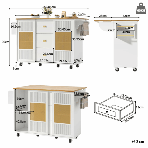 Ilha de cozinha 120x73x90 cm - Carrinho de cozinha com rodas, prateleira para especiarias, suporte para toalhas, prateleiras ajustáveis - Branco