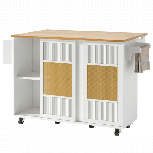 Ilha de cozinha 120x73x90 cm - Carrinho de cozinha com rodas, prateleira para especiarias, suporte para toalhas, prateleiras ajustáveis - Branco