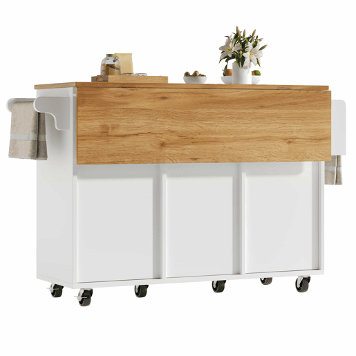 Ilha de cozinha 120x73x90 cm - Carrinho de cozinha com rodas, prateleira para especiarias, suporte para toalhas, prateleiras ajustáveis - Branco
