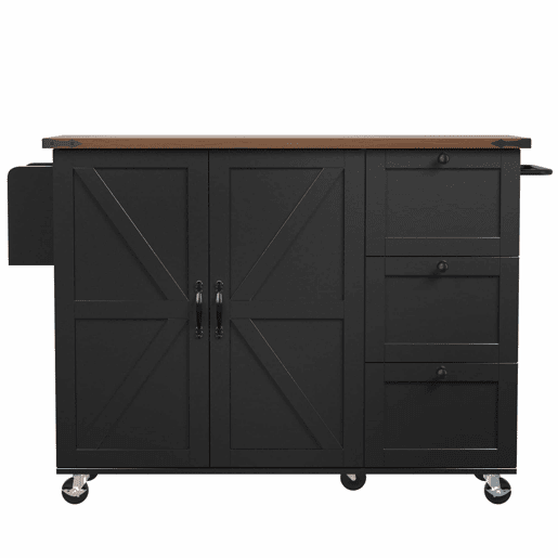 Ilha de cozinha 120x60x90 cm - Carrinho de serviço com bancada extensível, com 2 portas e 3 gavetas - Preto