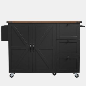 Ilha de cozinha 120x60x90 cm - Carrinho de serviço com bancada extensível, com 2 portas e 3 gavetas - Preto