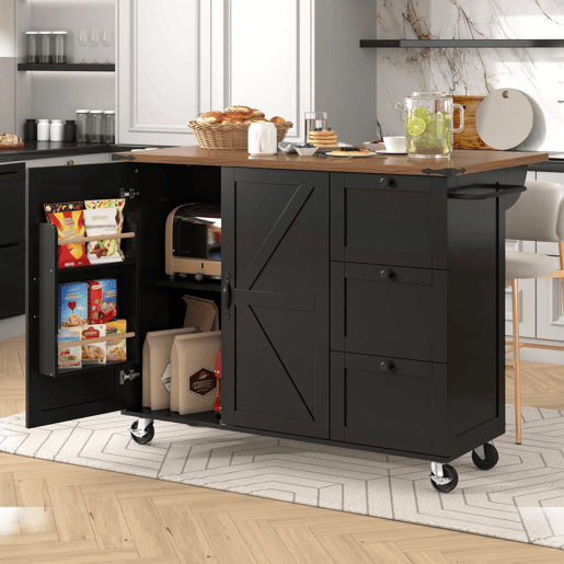 Ilha de cozinha 120x60x90 cm - Carrinho de serviço com bancada extensível, com 2 portas e 3 gavetas - Preto