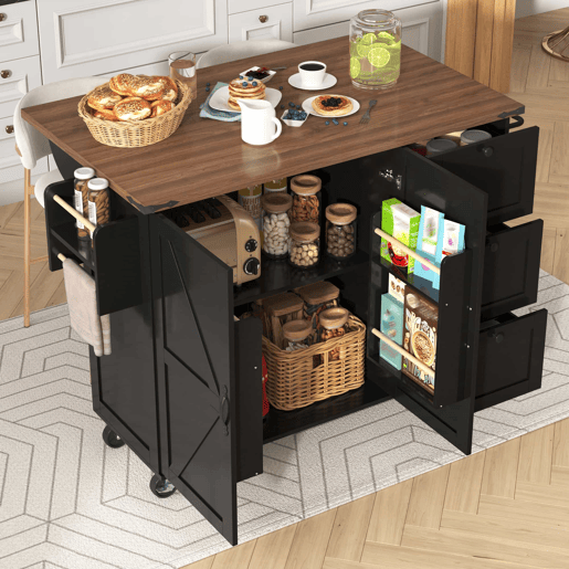 Ilha de cozinha 120x60x90 cm - Carrinho de serviço com bancada extensível, com 2 portas e 3 gavetas - Preto
