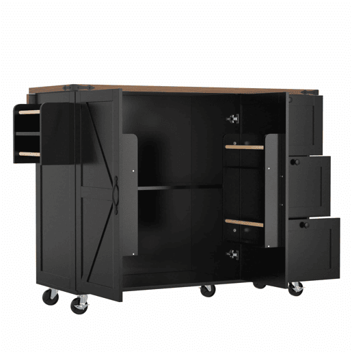 Ilha de cozinha 120x60x90 cm - Carrinho de serviço com bancada extensível, com 2 portas e 3 gavetas - Preto
