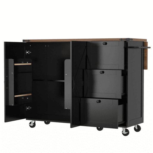 Ilha de cozinha 120x60x90 cm - Carrinho de serviço com bancada extensível, com 2 portas e 3 gavetas - Preto