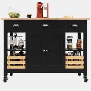 Ilha de cozinha moderna 120×45×90 cm - Armário de cozinha, carrinho de sala de jantar multifuncional com cesto de pinho - Preto