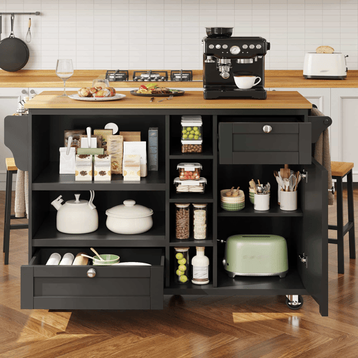 Carrinho de cozinha 129x46x92 cm - moderno e simples, com gavetas e armários de arrumação, superfície de trabalho em madeira clara - preto