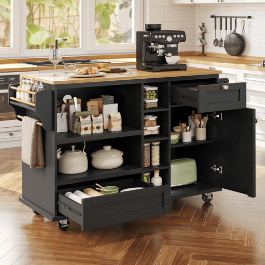 Carrinho de cozinha 129x46x92 cm - moderno e simples, com gavetas e armários de arrumação, superfície de trabalho em madeira clara - preto