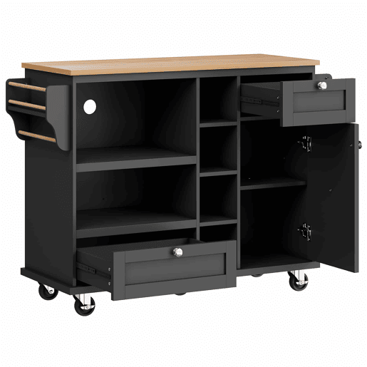 Carrinho de cozinha 129x46x92 cm - moderno e simples, com gavetas e armários de arrumação, superfície de trabalho em madeira clara - preto