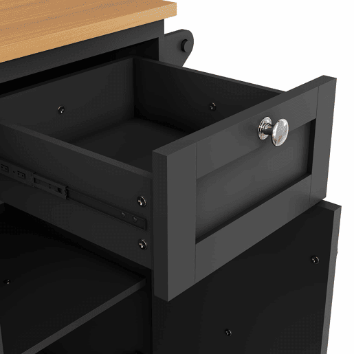 Carrinho de cozinha 129x46x92 cm - moderno e simples, com gavetas e armários de arrumação, superfície de trabalho em madeira clara - preto