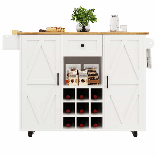 Ilha de cozinha moderna - Armário de cozinha - Móvel buffet - Carrinho de cozinha com acabamento em madeira - Mesa multifuncional com arrumação - Carrinho de cozinha com prateleiras para snacks e armários com função extensível - Branco