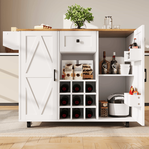 Ilha de cozinha moderna - Armário de cozinha - Móvel buffet - Carrinho de cozinha com acabamento em madeira - Mesa multifuncional com arrumação - Carrinho de cozinha com prateleiras para snacks e armários com função extensível - Branco
