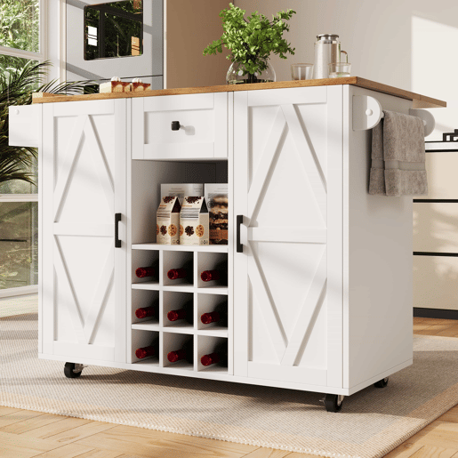 Ilha de cozinha moderna - Armário de cozinha - Móvel buffet - Carrinho de cozinha com acabamento em madeira - Mesa multifuncional com arrumação - Carrinho de cozinha com prateleiras para snacks e armários com função extensível - Branco