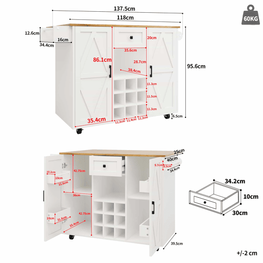 Ilha de cozinha moderna - Armário de cozinha - Móvel buffet - Carrinho de cozinha com acabamento em madeira - Mesa multifuncional com arrumação - Carrinho de cozinha com prateleiras para snacks e armários com função extensível - Branco