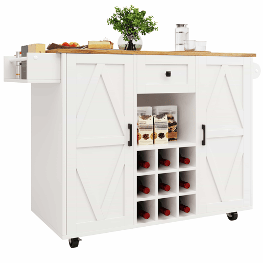 Ilha de cozinha moderna - Armário de cozinha - Móvel buffet - Carrinho de cozinha com acabamento em madeira - Mesa multifuncional com arrumação - Carrinho de cozinha com prateleiras para snacks e armários com função extensível - Branco