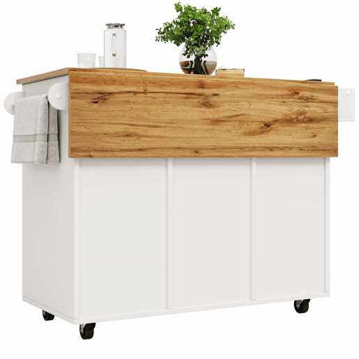 Ilha de cozinha moderna - Armário de cozinha - Móvel buffet - Carrinho de cozinha com acabamento em madeira - Mesa multifuncional com arrumação - Carrinho de cozinha com prateleiras para snacks e armários com função extensível - Branco
