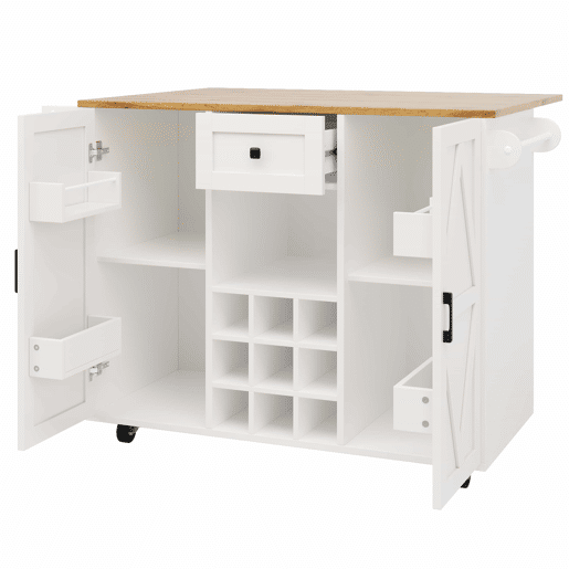 Ilha de cozinha moderna - Armário de cozinha - Móvel buffet - Carrinho de cozinha com acabamento em madeira - Mesa multifuncional com arrumação - Carrinho de cozinha com prateleiras para snacks e armários com função extensível - Branco