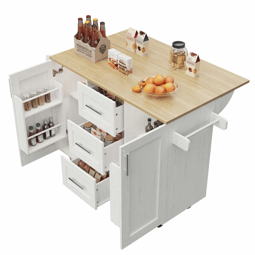 Ilha de cozinha - com painéis removíveis, rodas removíveis, armário auxiliar, superfície de trabalho e toalheiro lateral - com acabamento em madeira - branco