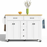 Carrinho de cozinha multifuncional 120×65 cm - com 5 gavetas, prateleiras, suporte para especiarias e toalhas, extensível, com rodas - Branco+Natural