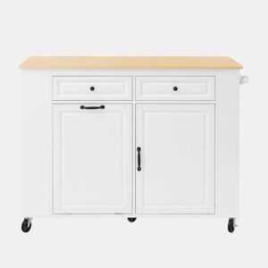 Ilha de cozinha móvel 120×40-70×92 cm - Mesa extensível, com compartimento para lixo e toalheiro, branca