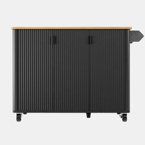 Ilha de cozinha 130x45(75)x92cm - Carrinho com madeira, rodas, prateleira para especiarias, 3 portas, preto
