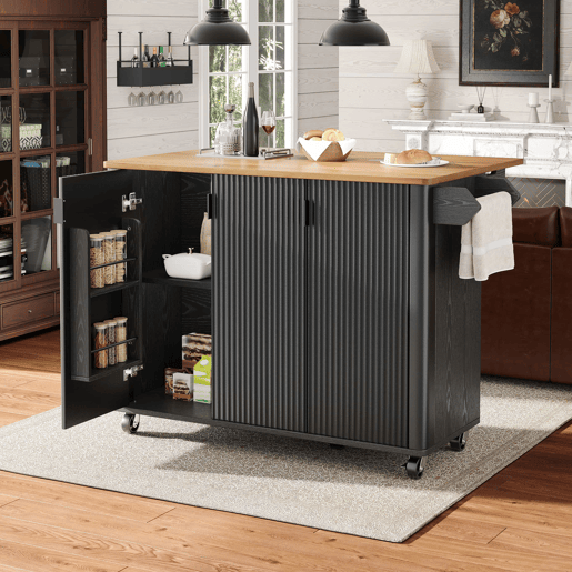 Ilha de cozinha 130x45(75)x92cm - Carrinho com madeira, rodas, prateleira para especiarias, 3 portas, preto