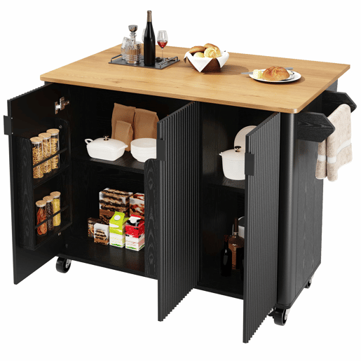 Ilha de cozinha 130x45(75)x92cm - Carrinho com madeira, rodas, prateleira para especiarias, 3 portas, preto