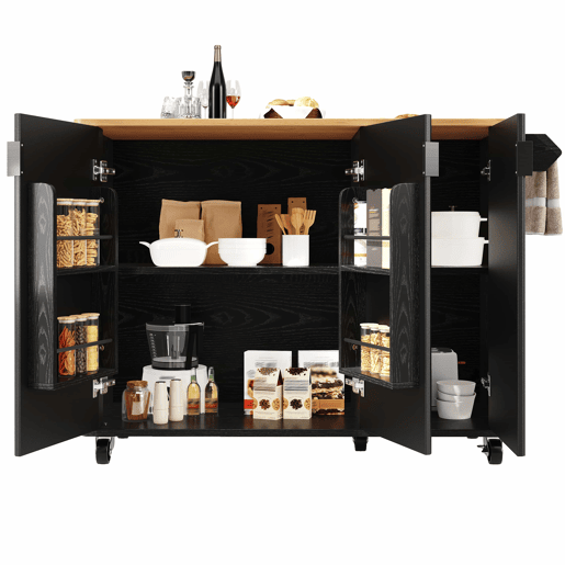 Ilha de cozinha 130x45(75)x92cm - Carrinho com madeira, rodas, prateleira para especiarias, 3 portas, preto
