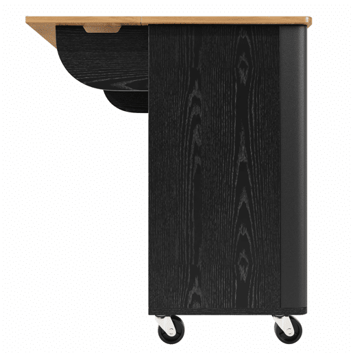 Ilha de cozinha 130x45(75)x92cm - Carrinho com madeira, rodas, prateleira para especiarias, 3 portas, preto